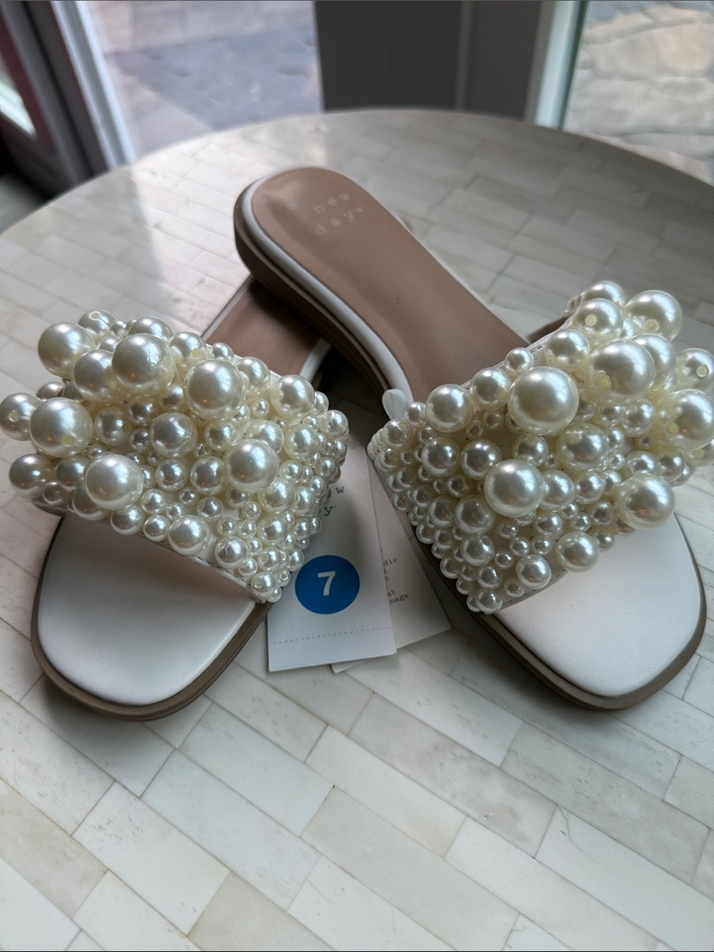 a new day Pearl-Embellished White Slide Sandals size 7